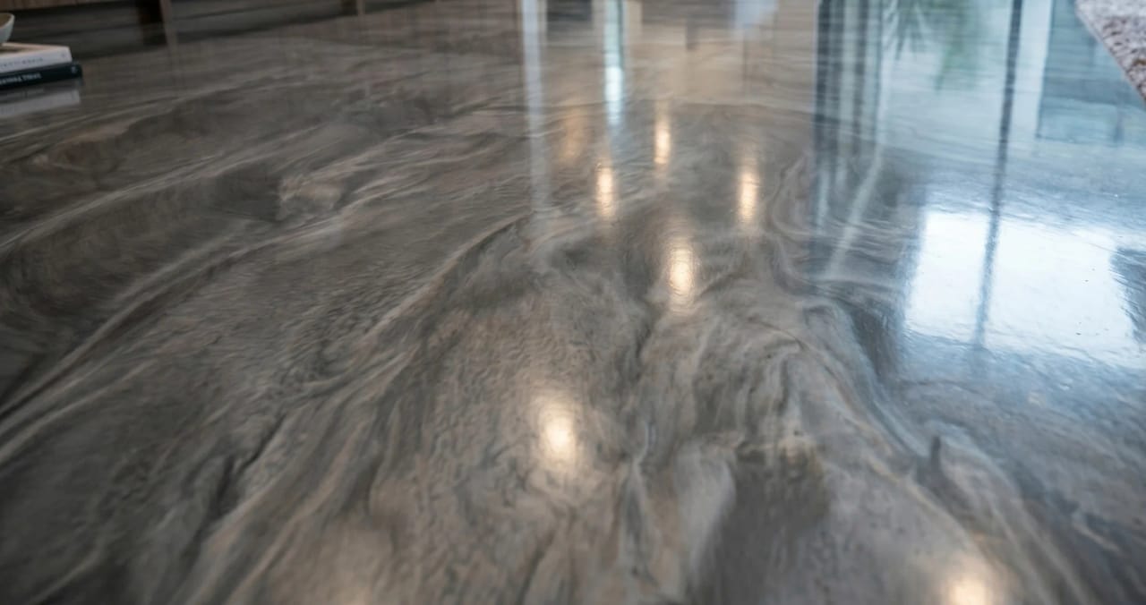 Modern basement floor transformation with metallic epoxy finish